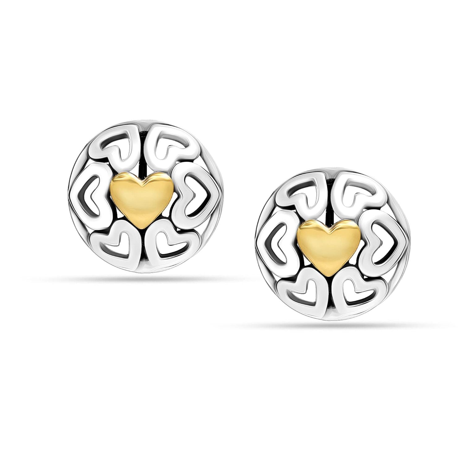 925 Sterling Silver Jewellery Round Antique Dome Heart Two-Tone Stud Earrings for Women