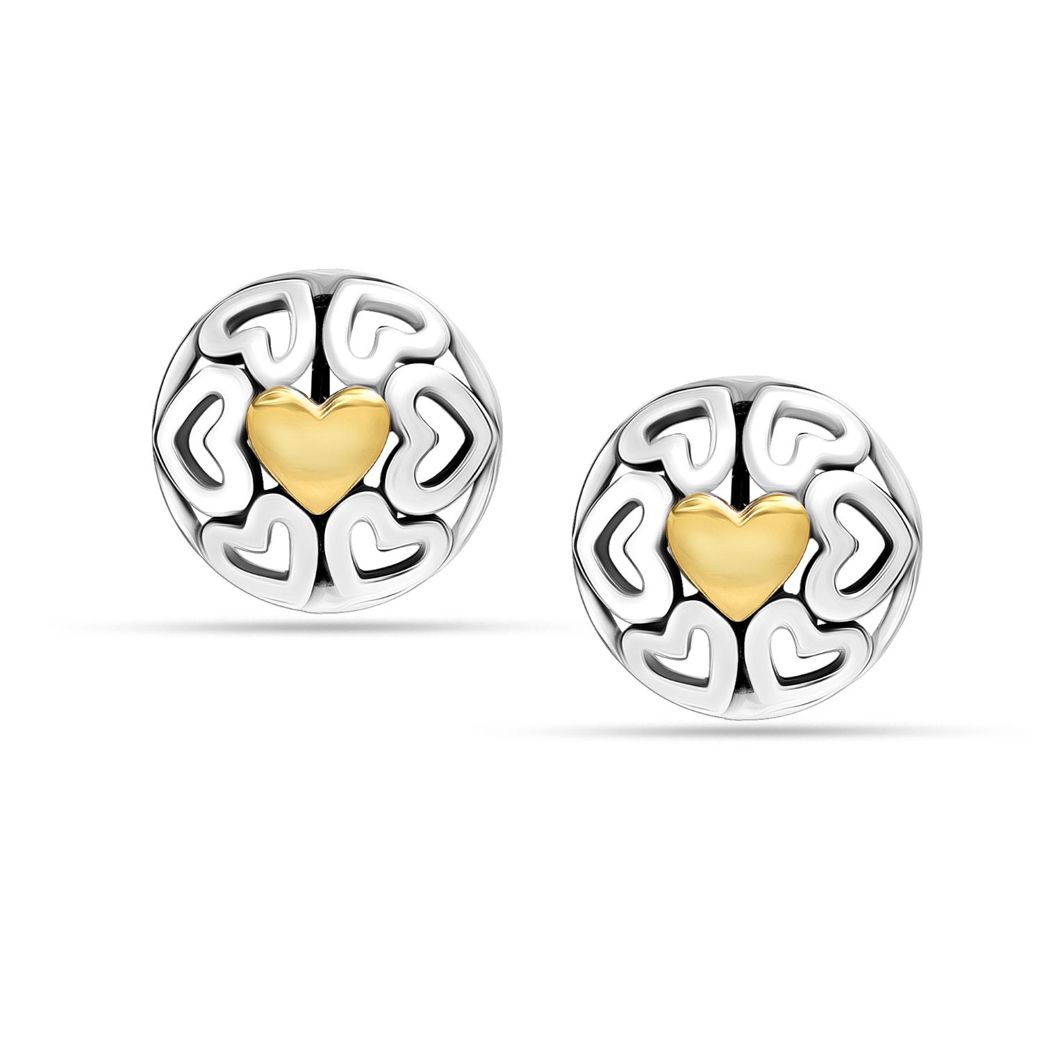 925 Sterling Silver Round Antique Dome Heart Two-Tone Omega-Clip Back Stud Earrings for Women