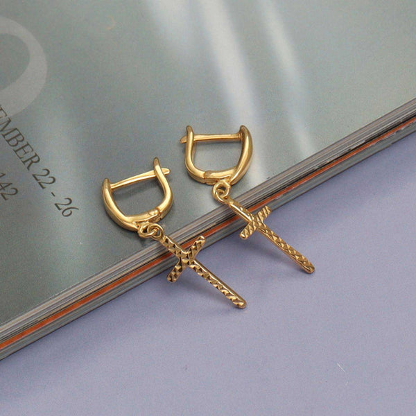 925 Sterling Silver Cross Tiny Huggie Diamond-Cut Religious Leverback Dangler Earrings for Women