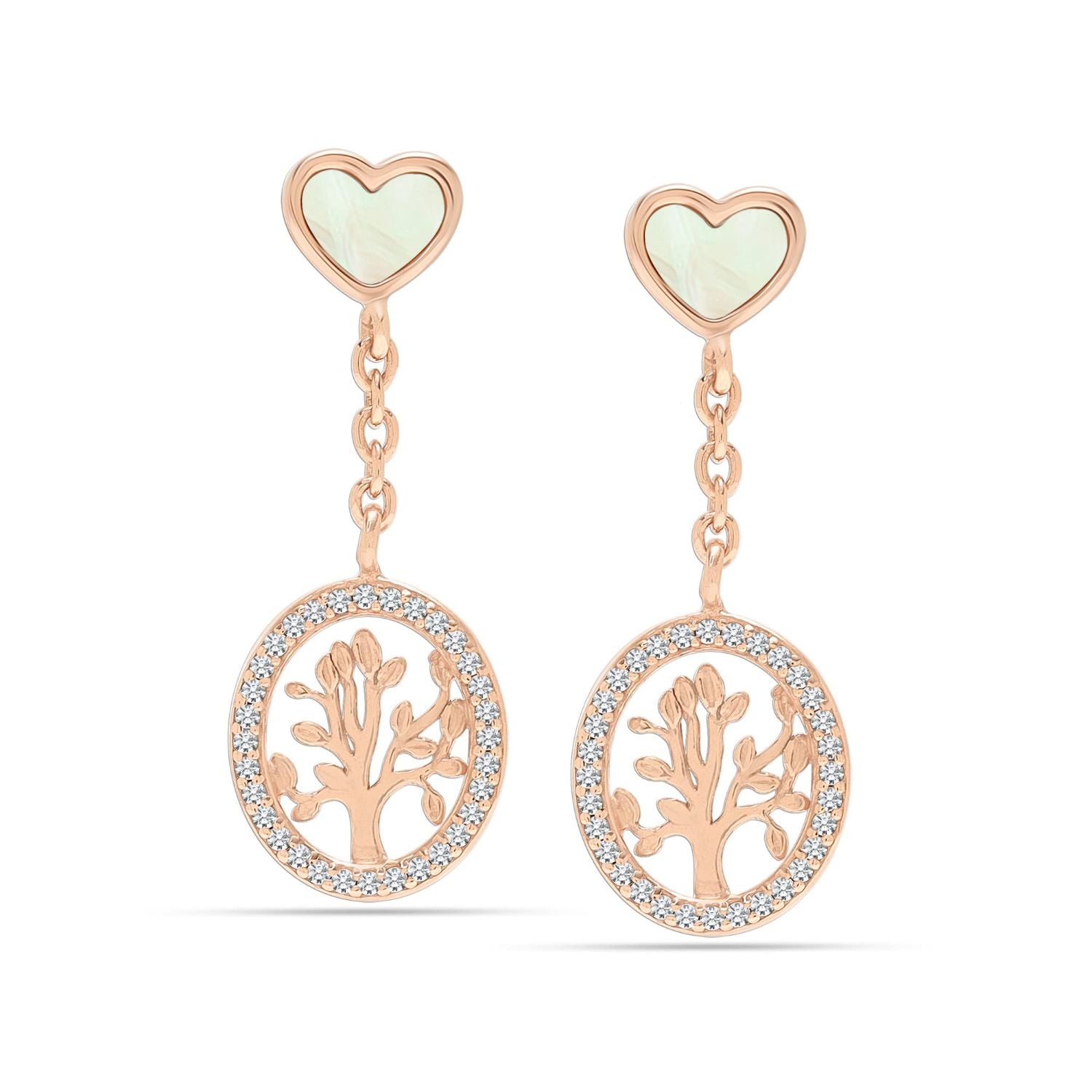 925 Sterling Silver Rose Gold-Plated Mother of Pearl CZ Tree of Life Drop Dangler Earrings for Women Teen