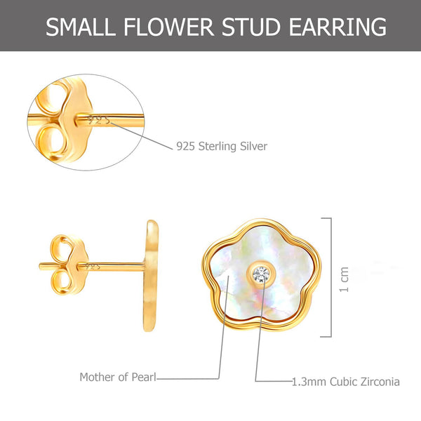 925 Sterling Silver 18K Gold-Plated Mother Of Pearl CZ Flower Stud Earring for Women Teen