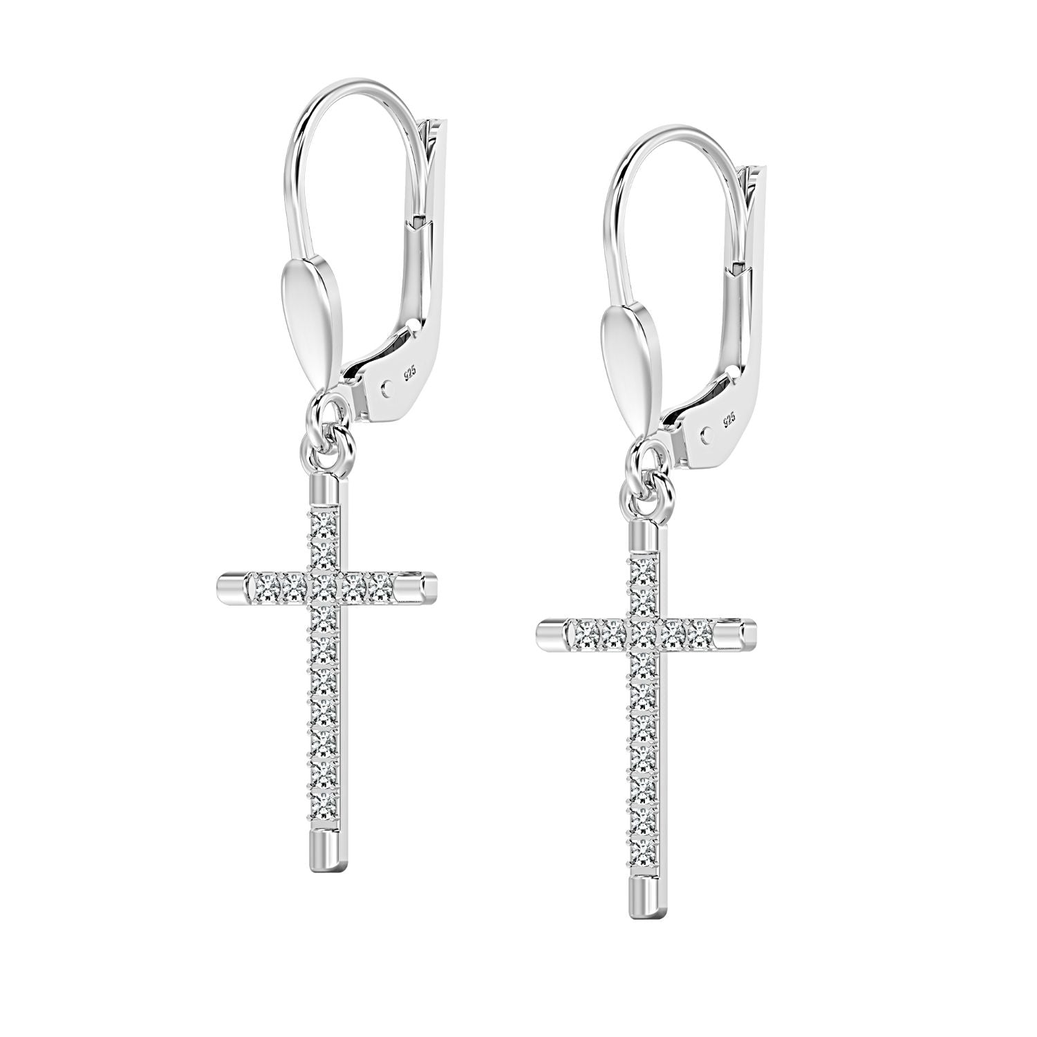 925 Sterling Silver CZ Cross Micro Pave Leverback Earrings for Men