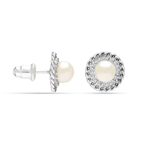 925 Sterling Silver Twist Cubic Zirconia Freshwater Pearl Micro Pave Stud Earrings for Women Teen