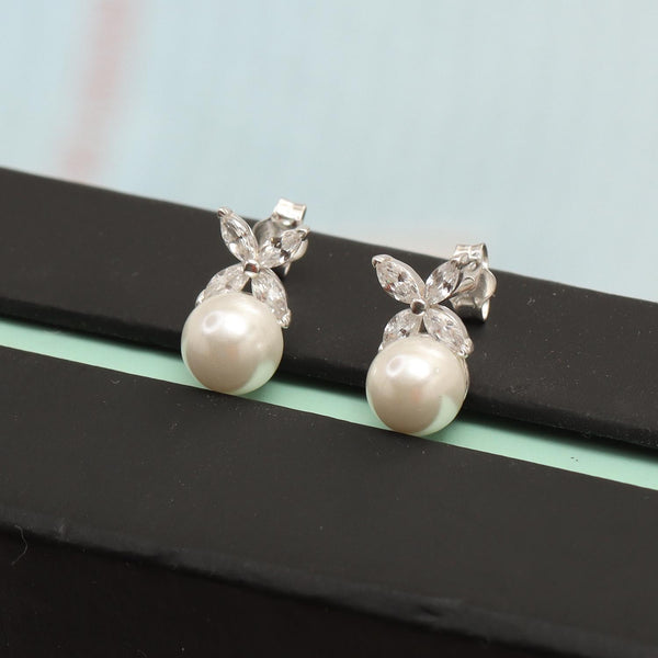 925 Sterling Silver CZ with Pearl Stud Earrings for Women & Girls