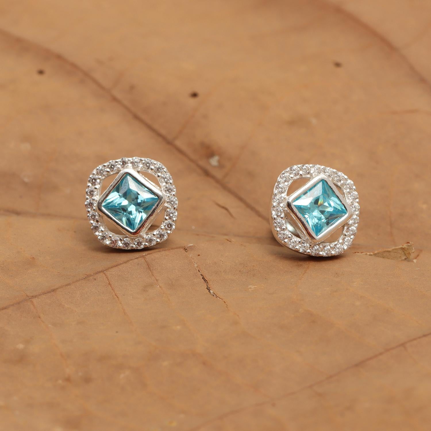 925 Sterling Silver Aquamarine CZ Square Stud Earrings for Women Teen