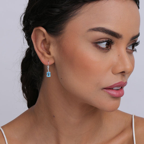 925 Sterling Silver Square Blue Topaz Stone Leverback Small Drop Dangle Earrings for Women Teen