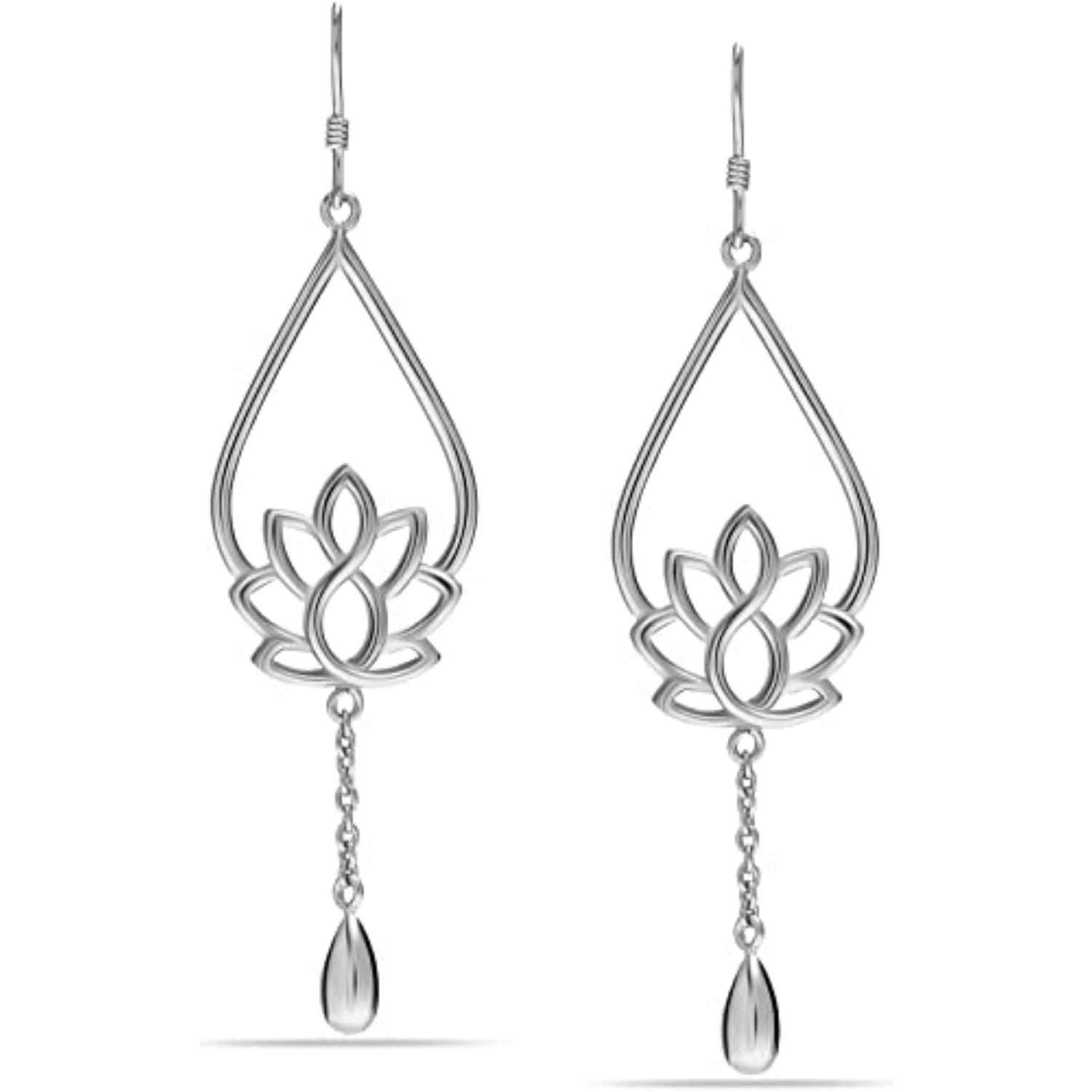 925 Sterling Silver Lotus Design Hanging Charm Boho Dangle Drop Earrings for Women Teen