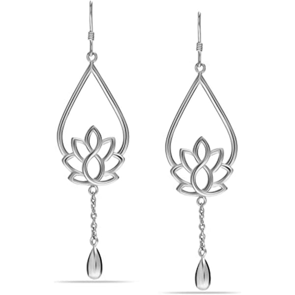 925 Sterling Silver Lotus Design Hanging Charm Boho Dangle Drop Earrings for Women Teen