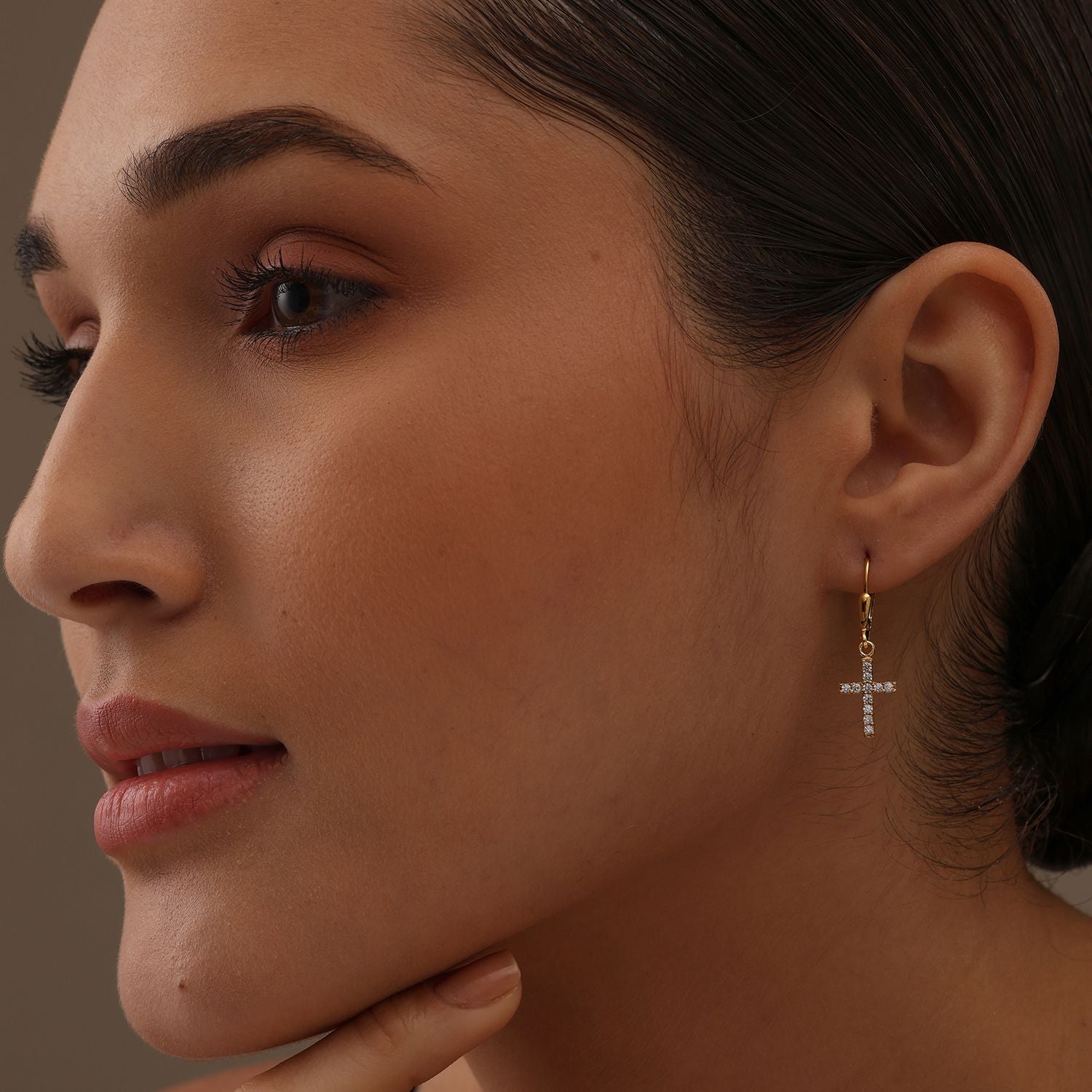 925 Sterling Silver 14K Gold-Plated Zirconia Cross Leverback Earrings for Women