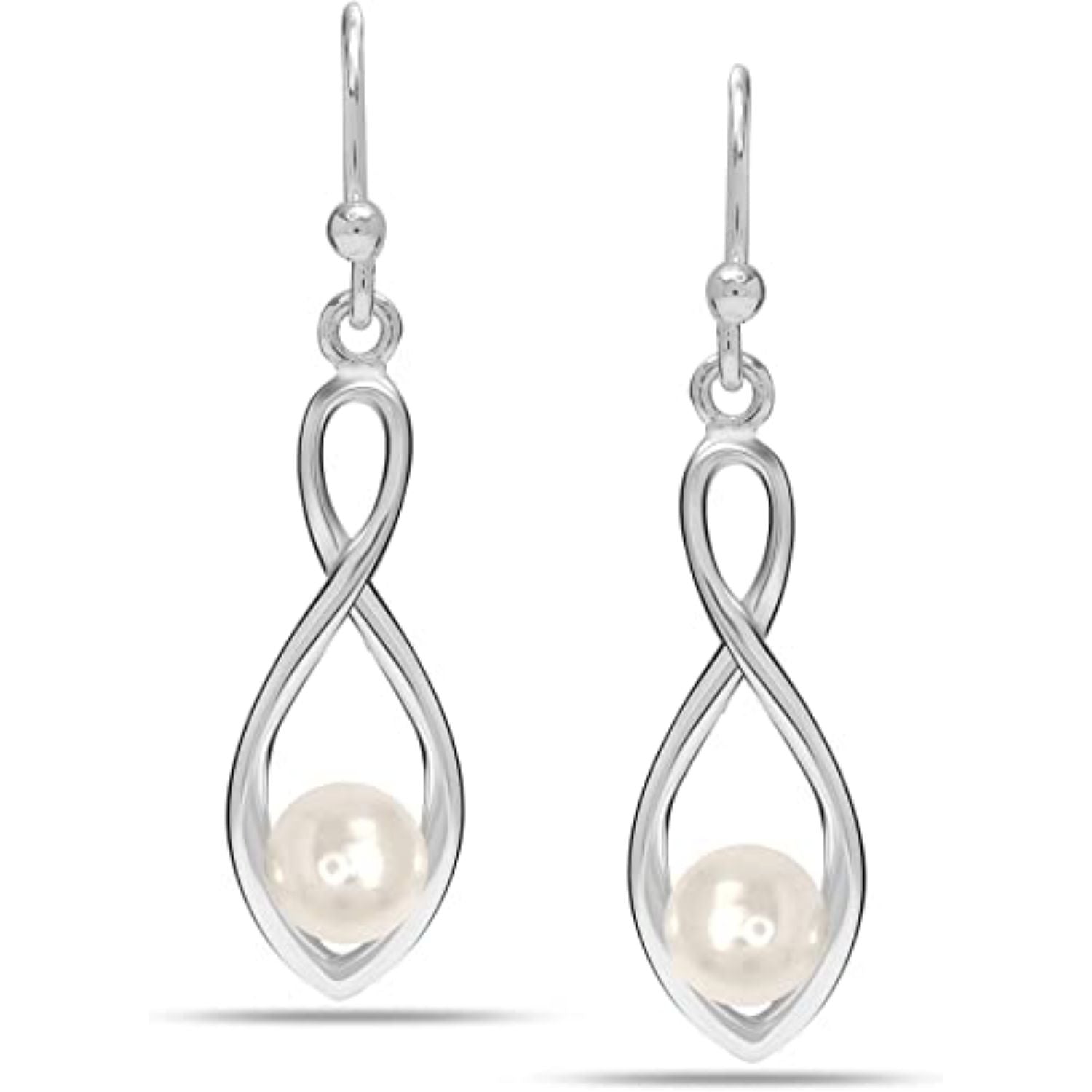 925 Sterling Silver Infinity Simulated Pearl Drop Dangle Tear-Drop Earrings for Women Teen