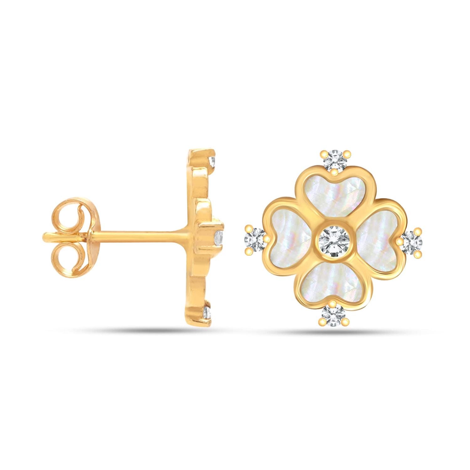 925 Sterling Silver 14K Gold-Plated Mother Of Pearl Heart Clover Flower CZ Stud Earrings for Women Teen