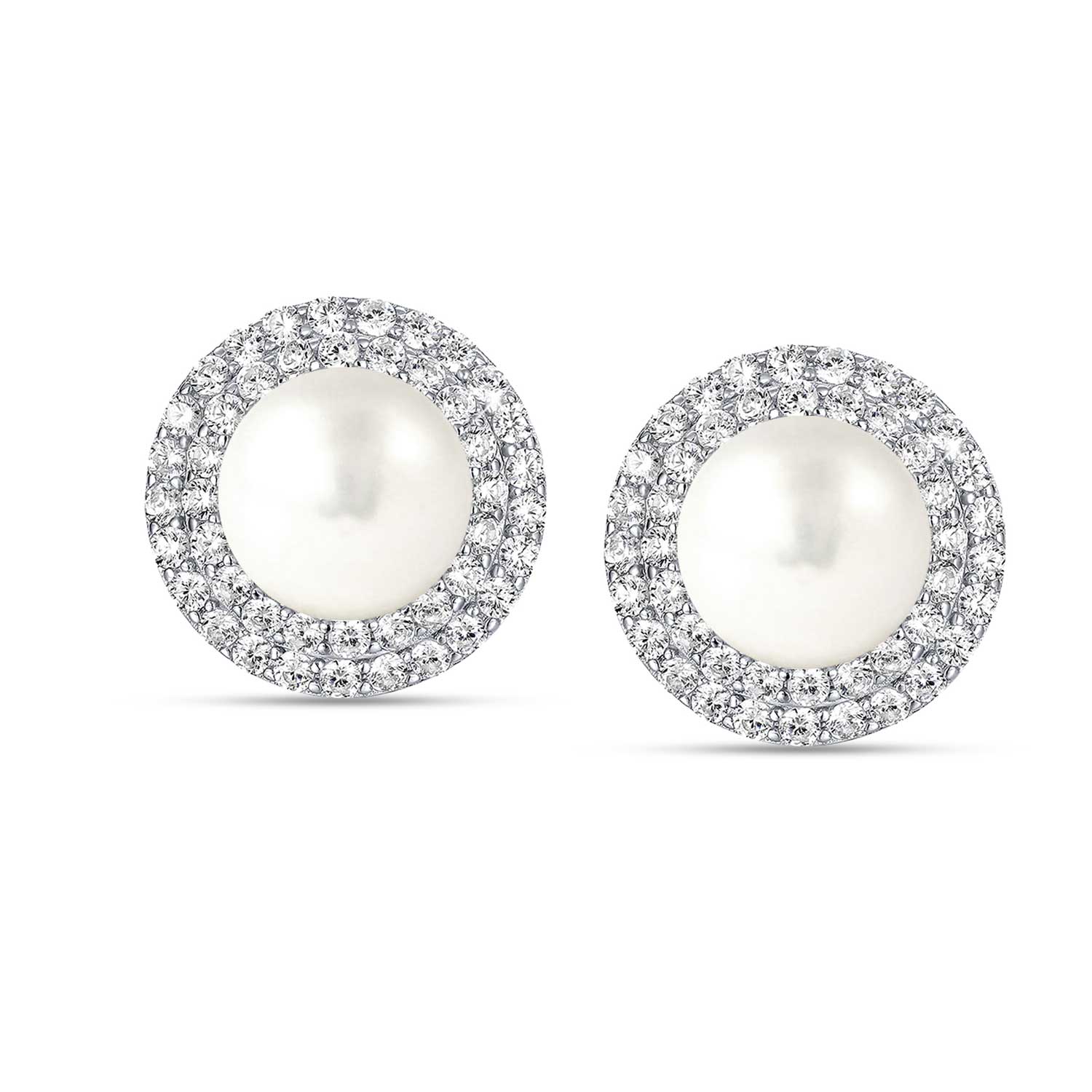 925 Sterling Silver Cubic Zirconia Small Pave Freshwater Pearl Button Stud Earrings For Women