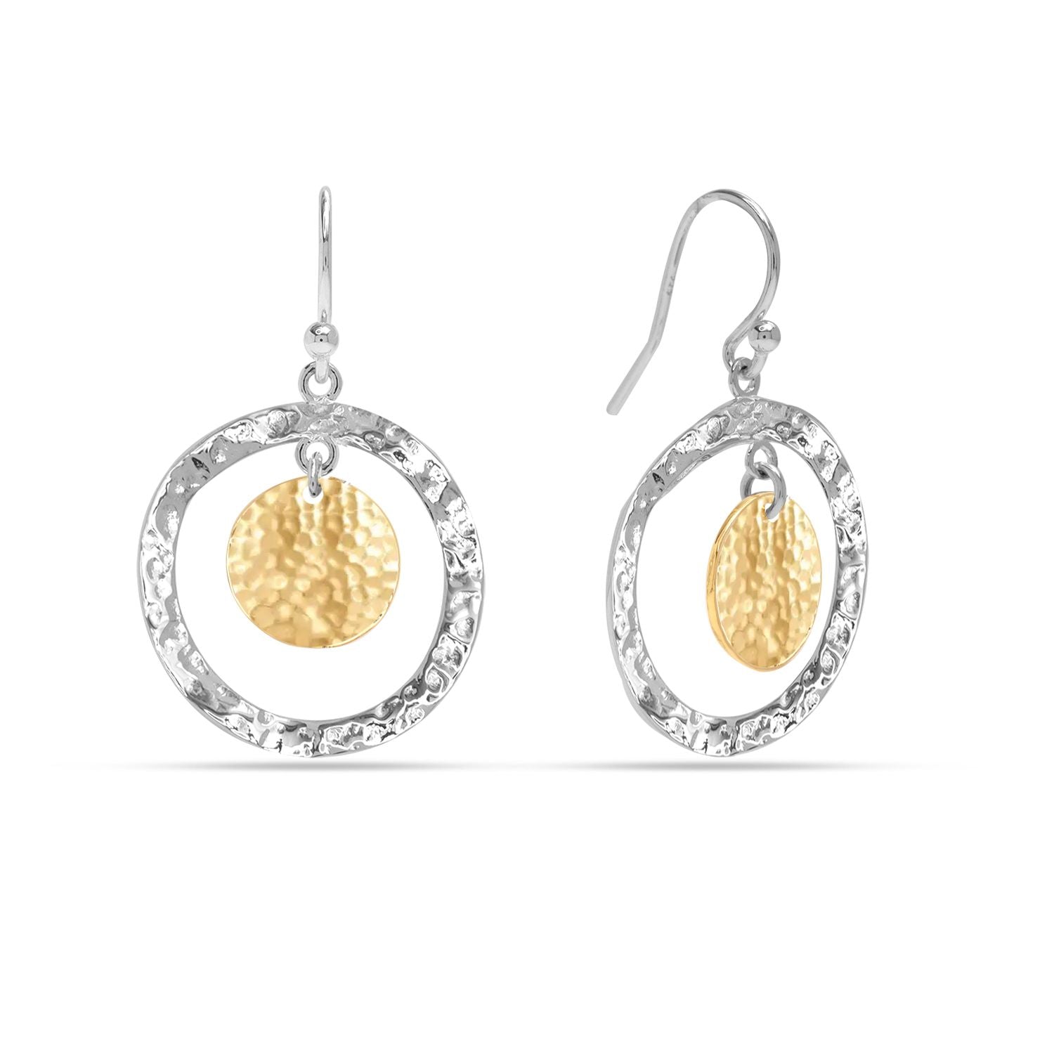 925 Sterling Silver Two-Tone Classic Double Dangling Italian Hammered Design Disc Drop Dangle Earrings for Women