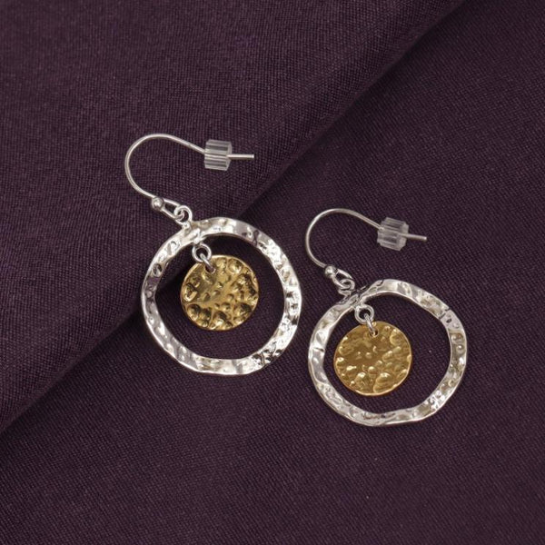 925 Sterling Silver Two-Tone Classic Double Dangling Italian Hammered Design Disc Drop Dangle Earrings for Women