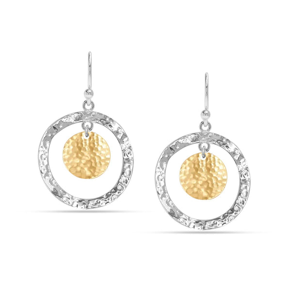 925 Sterling Silver Two-Tone Classic Double Dangling Italian Hammered Design Disc Drop Dangle Earrings for Women