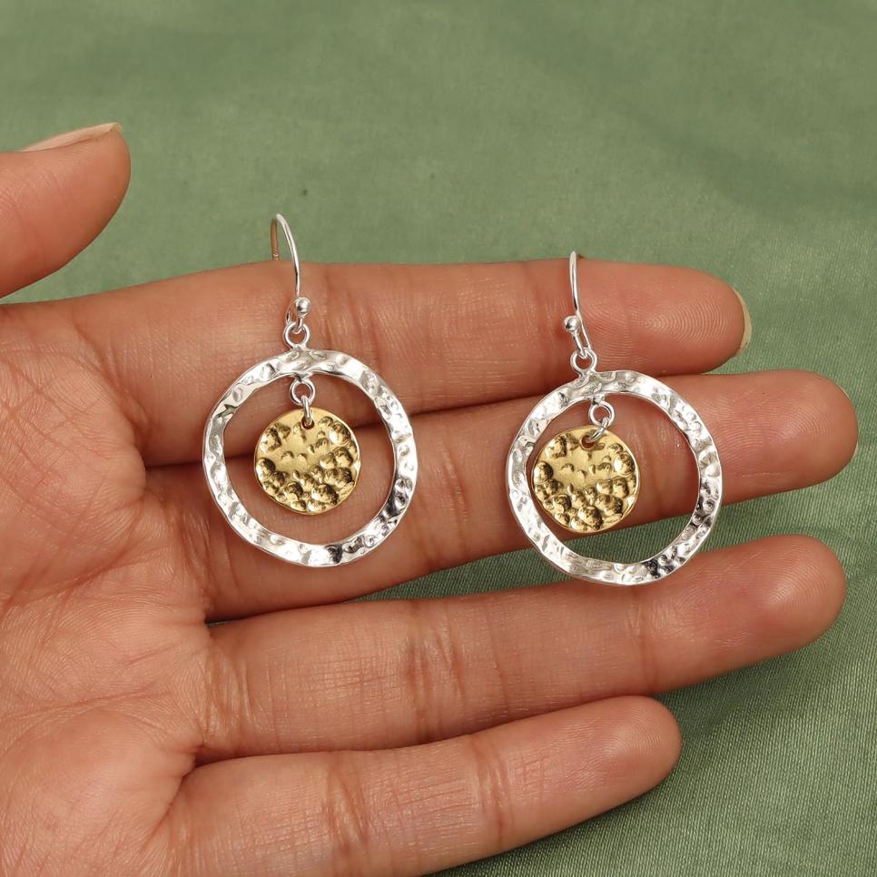 925 Sterling Silver Two-Tone Classic Double Dangling Italian Hammered Design Disc Drop Dangle Earrings for Women