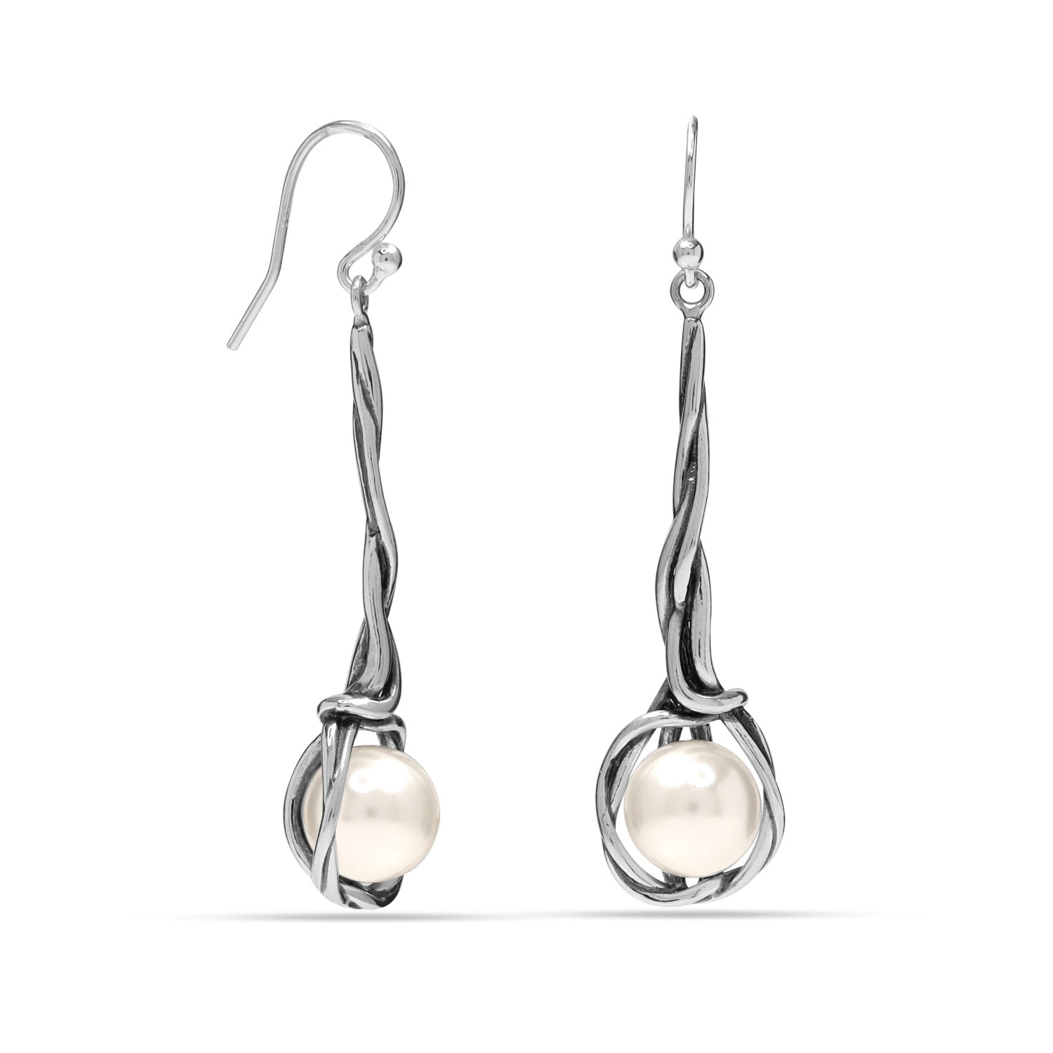 925 Sterling Silver Intertwined Freshwater Pearl Twisted French Wire Long Drop Dangle Earrings for Women