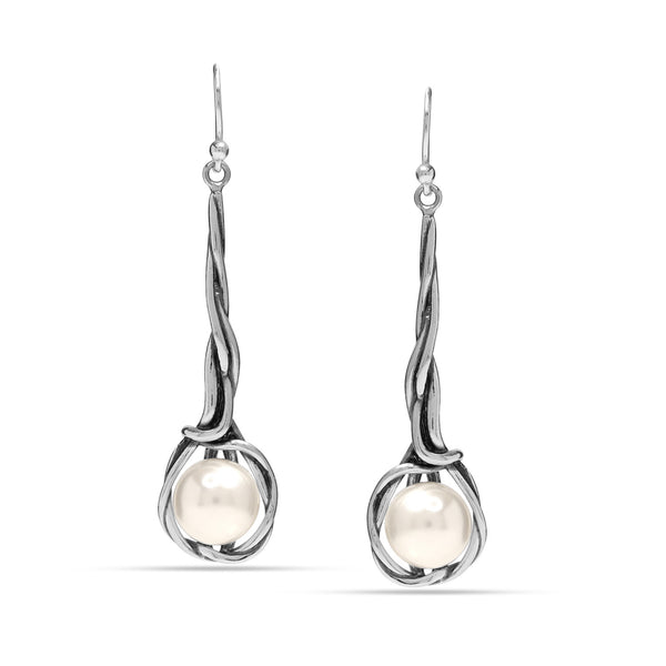 925 Sterling Silver Intertwined Freshwater Pearl Twisted French Wire Long Drop Dangle Earrings for Women