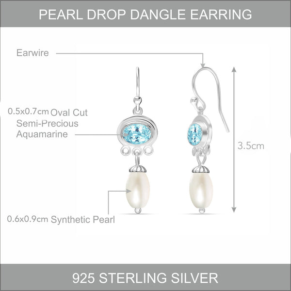 925 Sterling Silver Handmade Gemstone Blue Topaz and Simulated Pearl French Wire Drop Dangle Earrings for Women