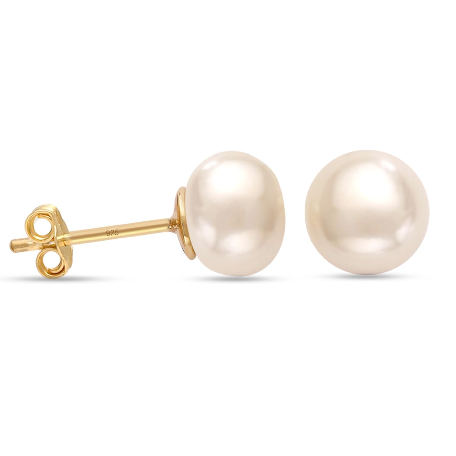 925 Steling Silver 14K Gold-Plated Freshwater Pearl Stud Earrings for Women and Girls