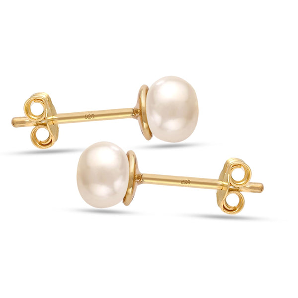 925 Steling Silver 14K Gold-Plated Freshwater Pearl Stud Earrings for Women and Girls