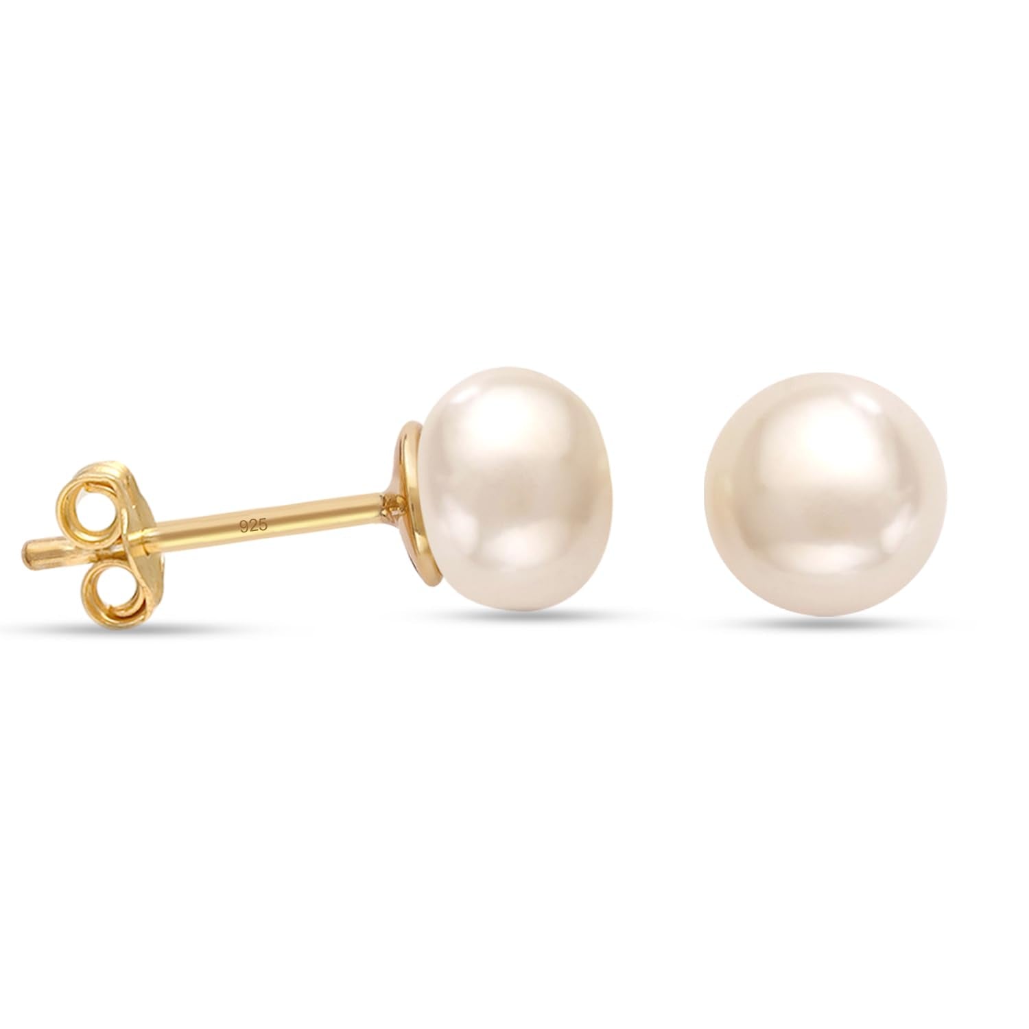 925 Steling Silver 14K Gold-Plated Freshwater Pearl Stud Earrings for Women and Girls