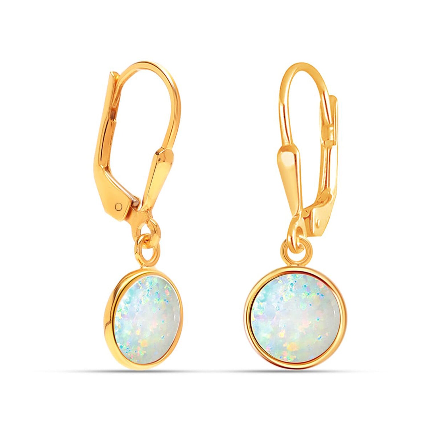 925 Sterling Silve 14K Gold-Plated Round Shaped White Opal Gemstone Drop Dangle Earrings for Women