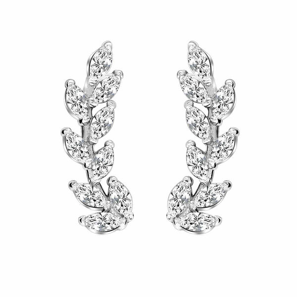 925 Sterling Silver Rhodium Plated Crystal Leaf Ear Climber Crawler Earrings for Women