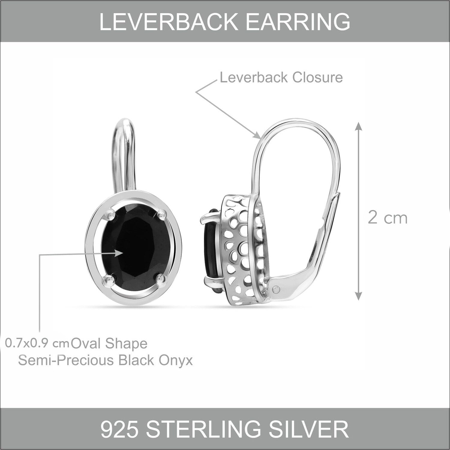 925 Sterling Silver Black Onyx Small Oval-Shaped Gemstone Birthstone Leverback Dangle Earrings For women