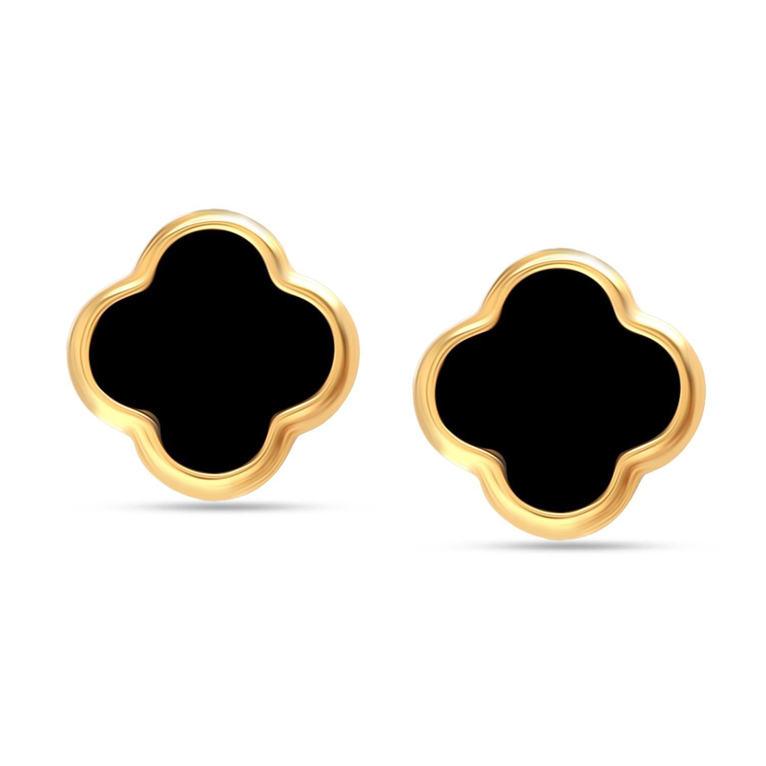 925 Sterling Silver 14K Gold-Plated Black Mother of Pearl Clover Stud Earrings for Women