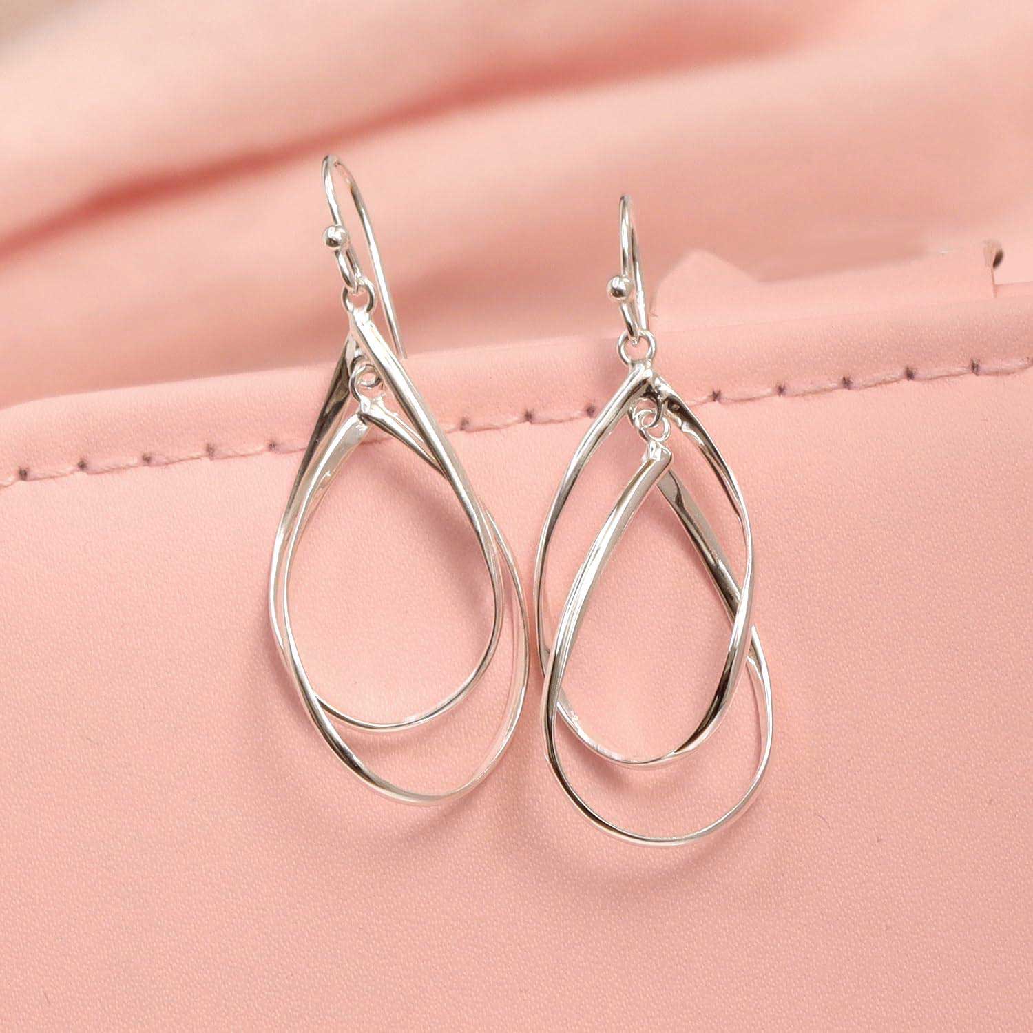 925 Sterling Silver Teardrop Double Elongated Oval Twist French Wire Long Linear Statement Drop Dangle Earrings for Women