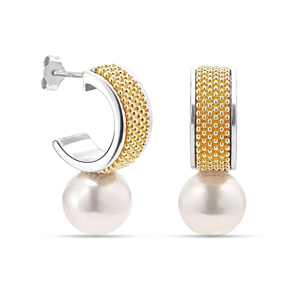 925 Sterling Silver Two-Tone Freshwater Pearl Hoop Earrings for Women