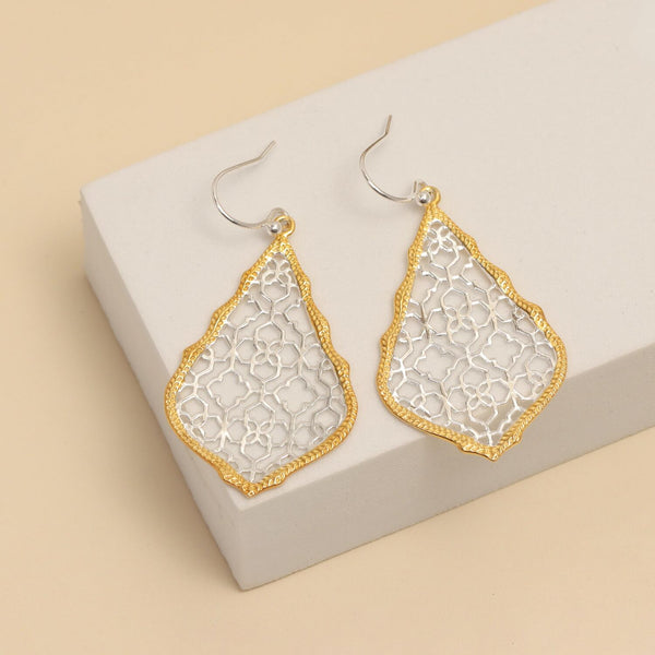 925 Sterling Silve 14K Gold-Plated Two-Tone Boho Quatrefoil Shape Filigree Teardrop Drop Dangle Earrings for Women