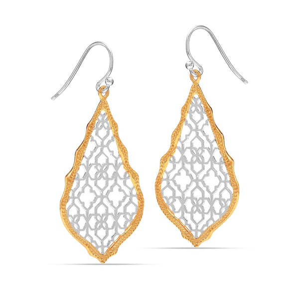 925 Sterling Silve 14K Gold-Plated Two-Tone Boho Quatrefoil Shape Filigree Teardrop Drop Dangle Earrings for Women