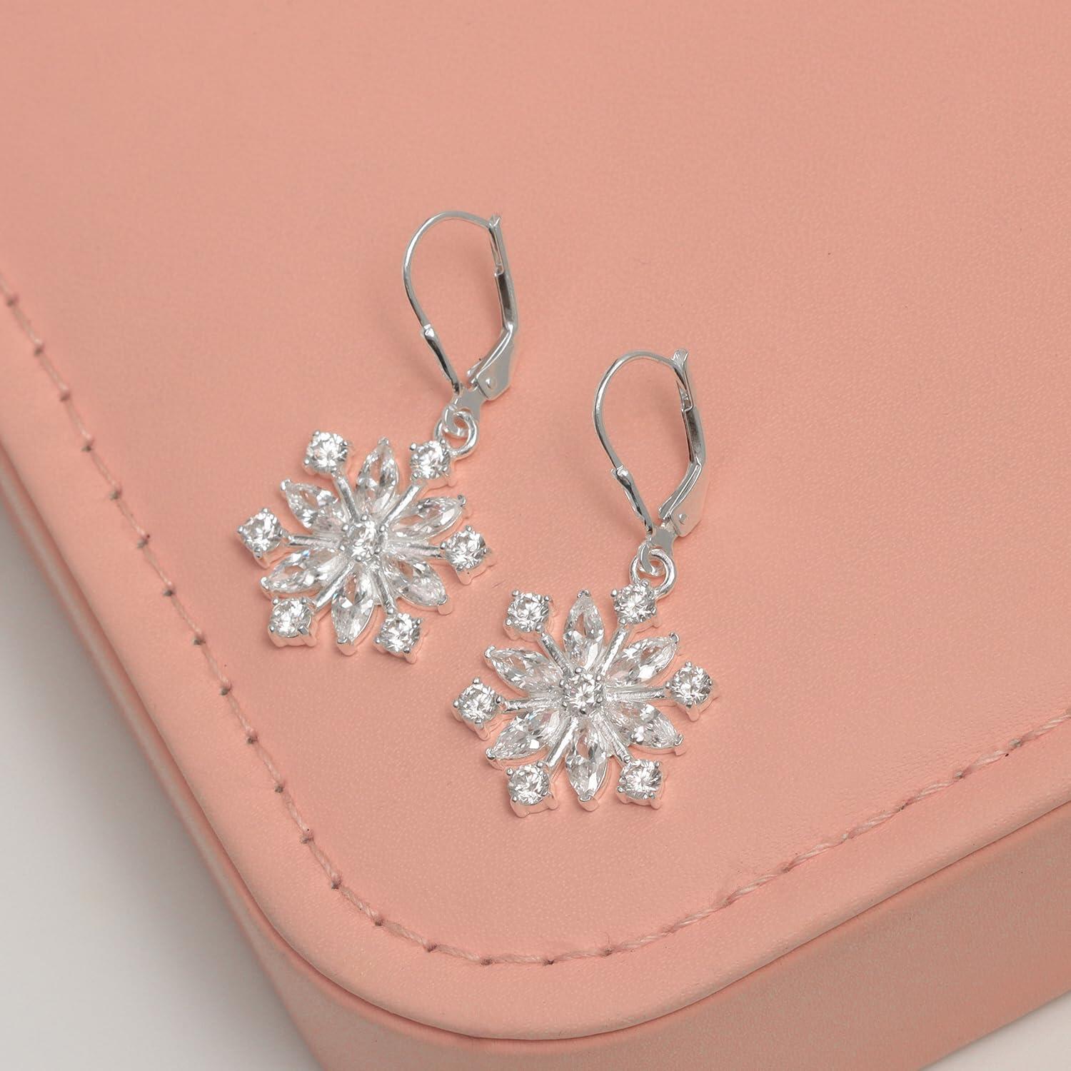 925 Sterling Silve Cubic Zircon Snowflake Leverback Drop Dangle Earrings for Women