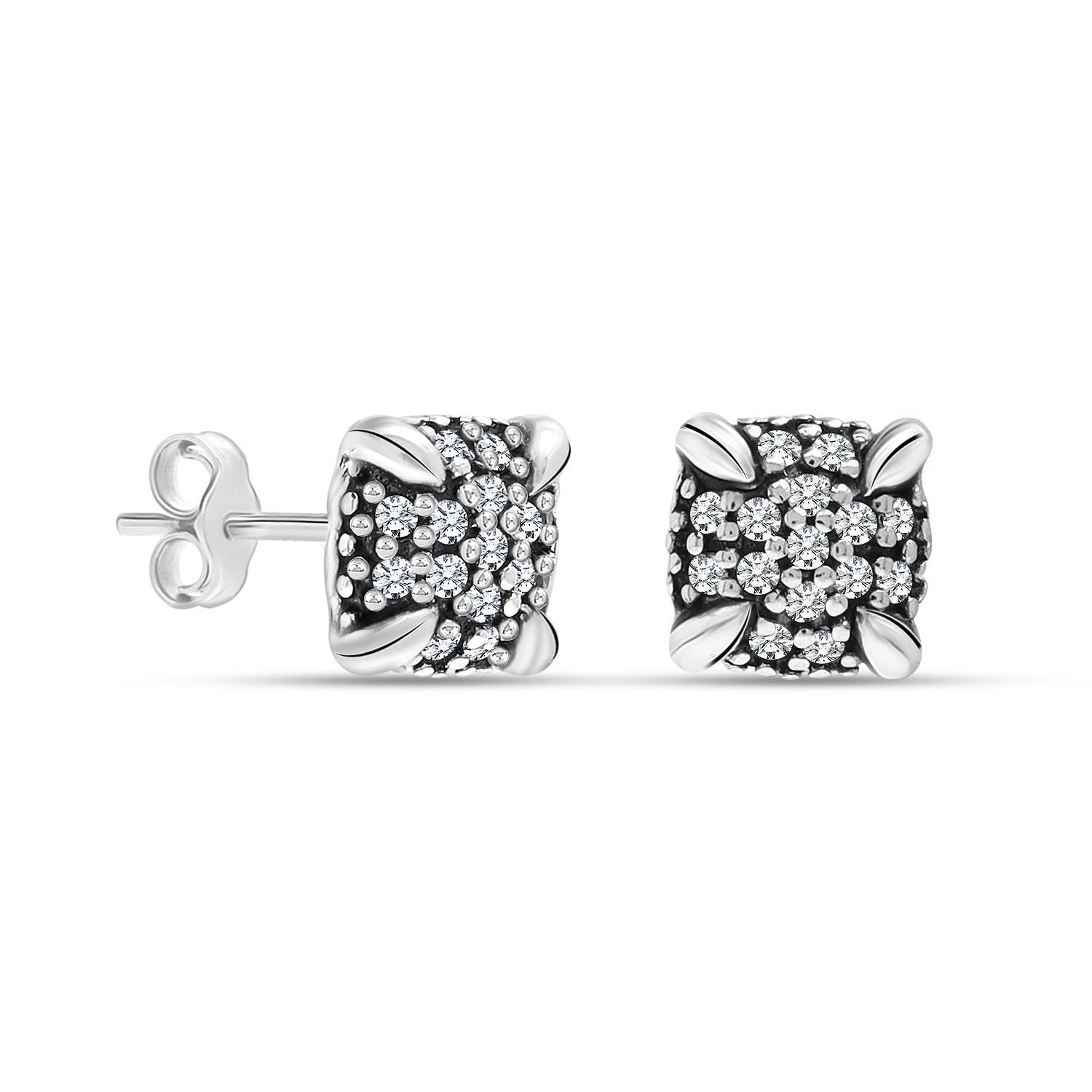 925 Steling Silver Antique Pave Cubic Zirconia Round Stud Earrings for Women