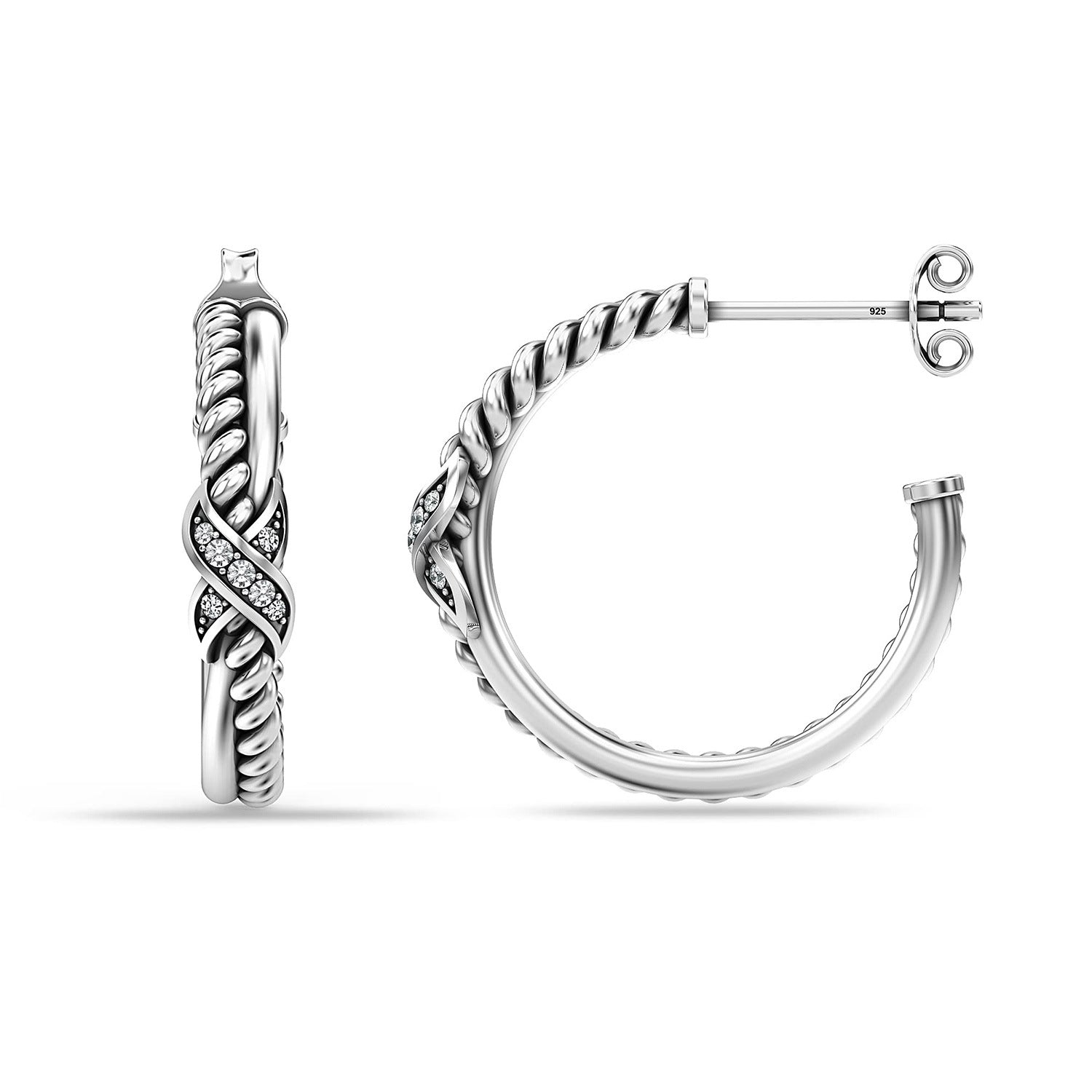 925 Sterling Silver Antique Pave CZ Crossover Hoop Earring for Women