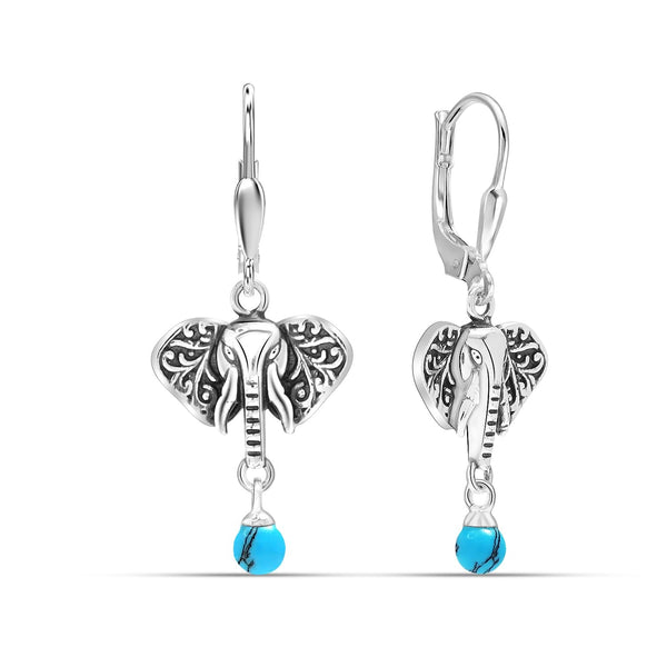 925 Sterling Silve Antique Elephant Turquoise Stone Cute Anima Drop Dangle Earrings for Women