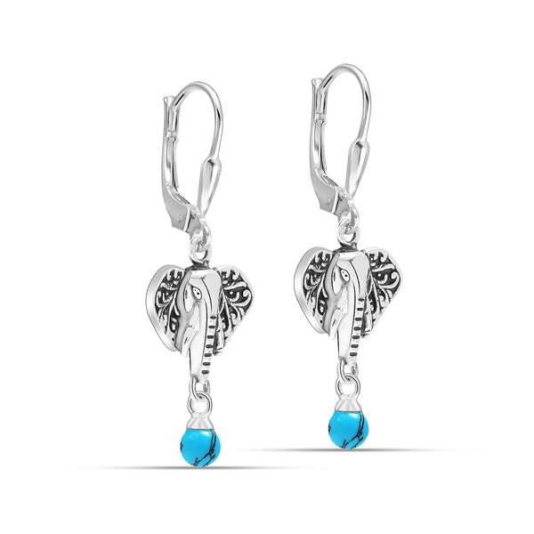 925 Sterling Silve Antique Elephant Turquoise Stone Cute Anima Drop Dangle Earrings for Women