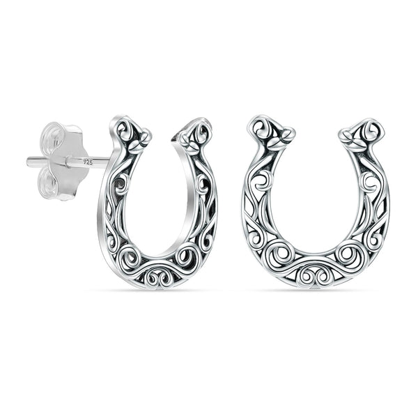 925 Sterling Silve U-Shaped Filigree Design Horseshoe Stud Earrings for Women