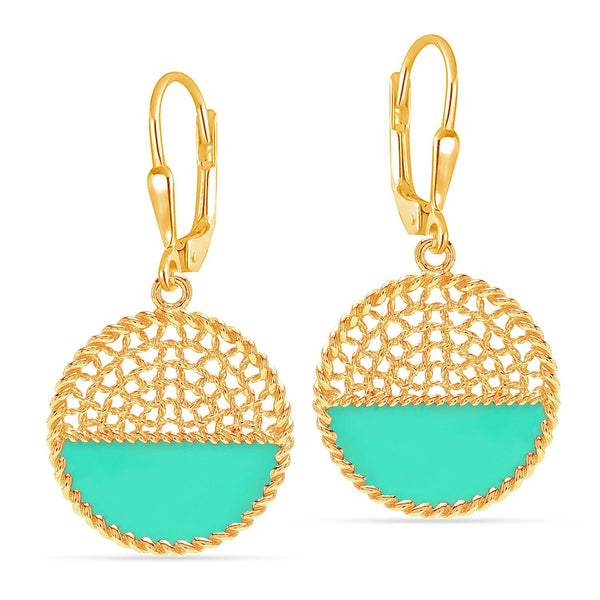 925 Sterling Silve 14K Gold-Plated Teal Enamel Circle Disc Dangle Drop Earrings for Women