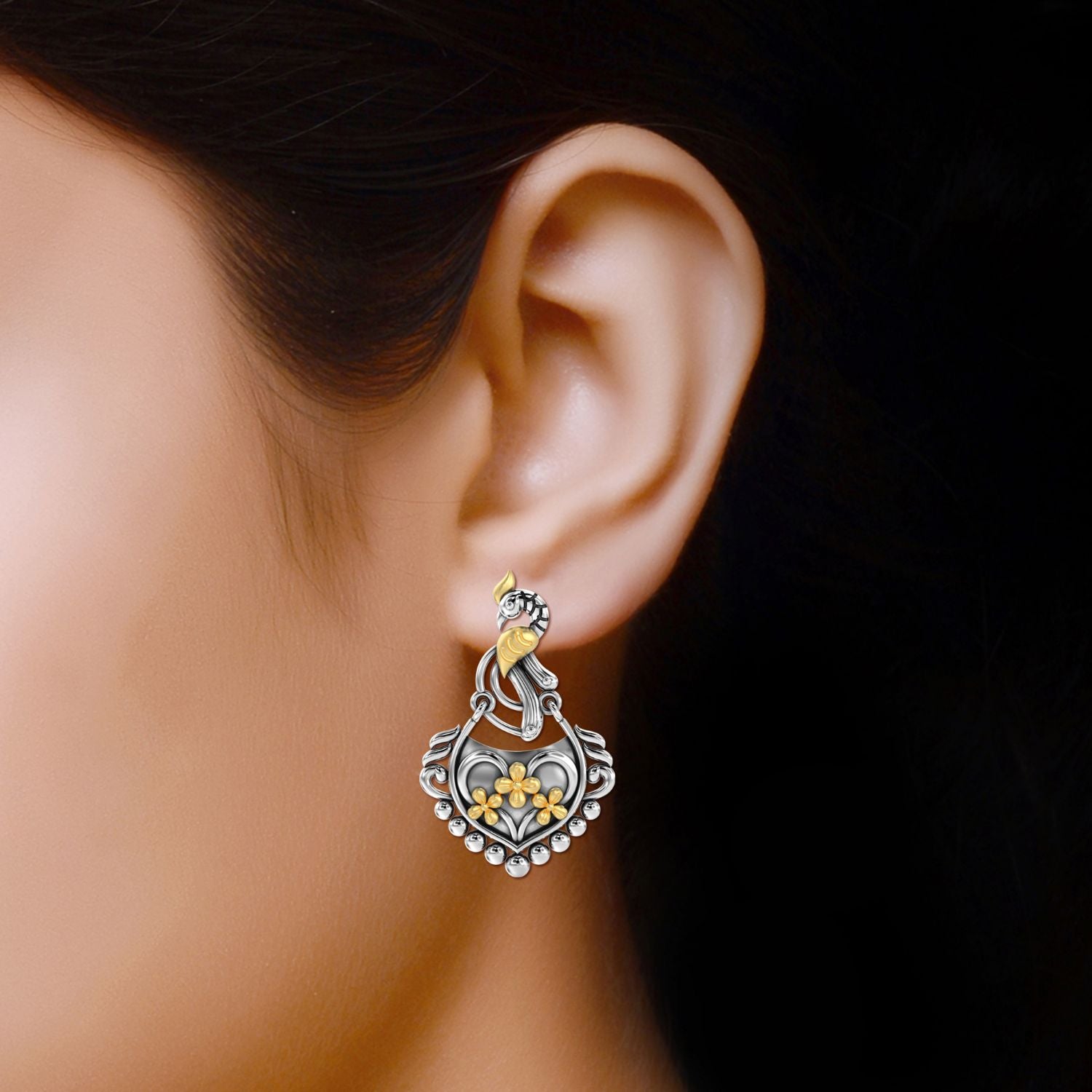 925 Sterling Silver Oxidized Gold Plated Peacock Chandbali Jaipur Style Dangler Earrings for Women and Girls