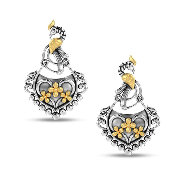 925 Sterling Silver Oxidized Gold Plated Peacock Chandbali Jaipur Style Dangler Earrings for Women and Girls