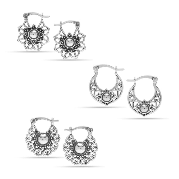 925 Sterling Silver Small Set of 3 Pair Antique Filigree Hoop Earrings for Women Teen