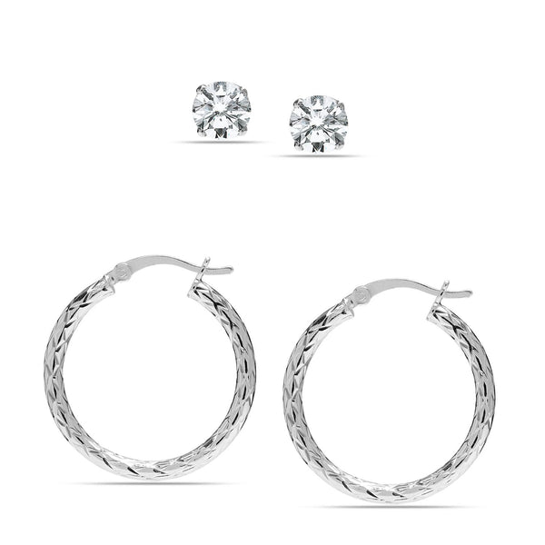 925 Sterling Silver Textured Stud and Hoop Earrings for Women Set of 2 Pairs