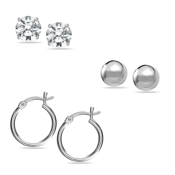 925 Sterling Silver Small Cubic Zirconia Stud and Hoop Earrings for Women Set of 3 Pairs