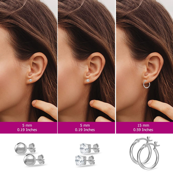 925 Sterling Silver Small Cubic Zirconia Stud and Hoop Earrings for Women Set of 3 Pairs