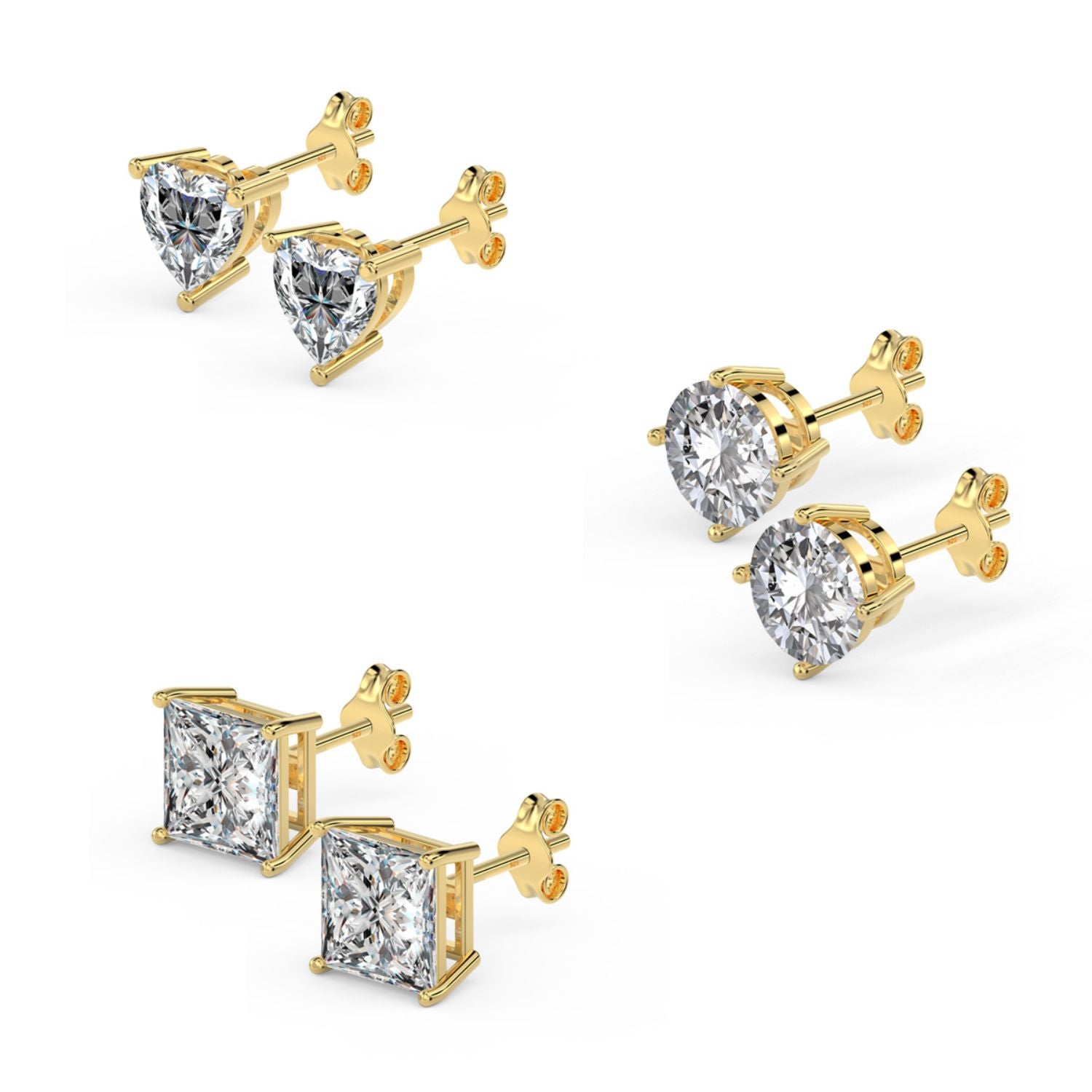 925 Sterling Silver Set of 3 Pair Gold plated Round Square Heart Shape White CZ 4mm Stone Stud Earrings for Girls Women