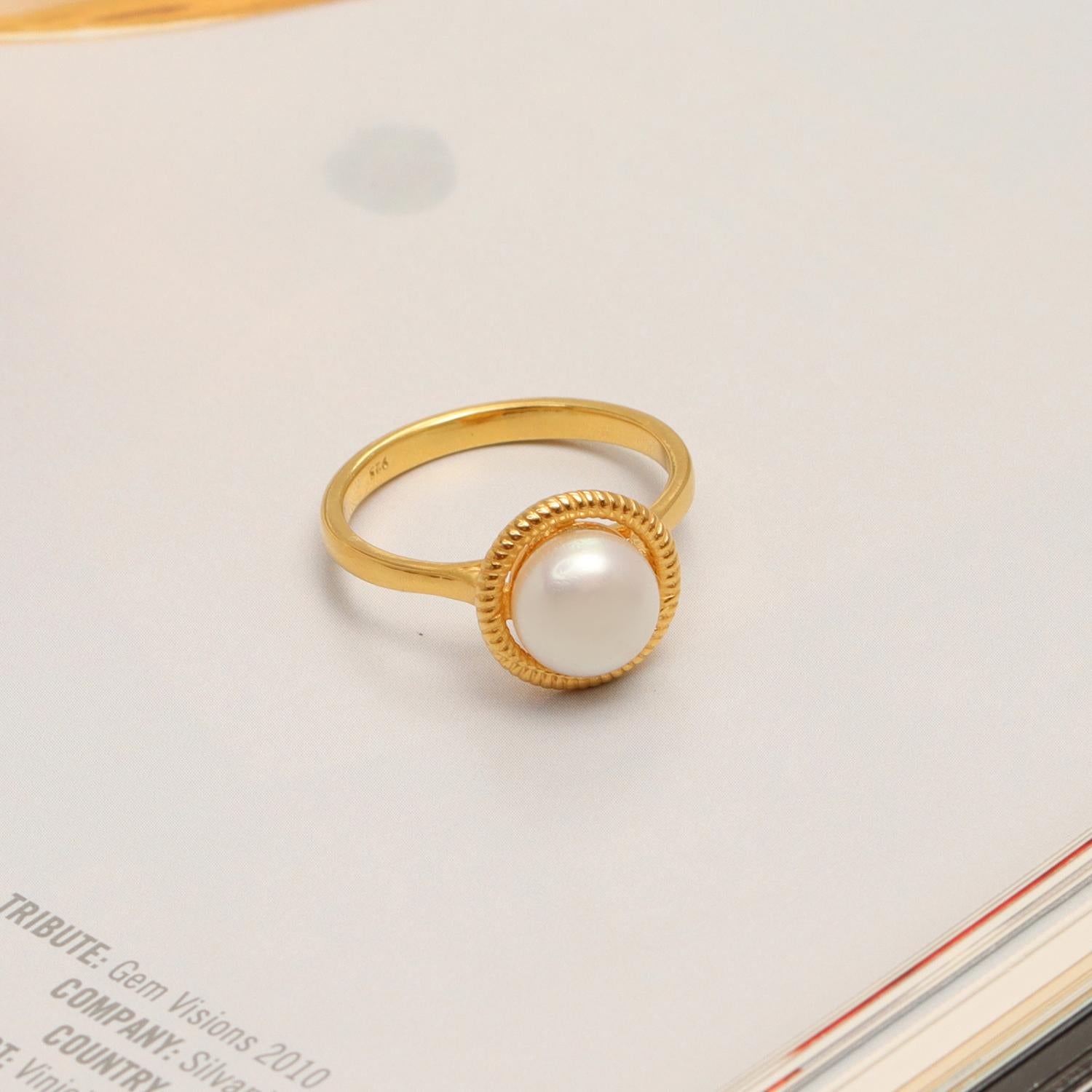 925 Sterling Silver 18K Gold Plated Freshwater Pearl Rings for Women Hypoallergenic Half Round Pearl Ring for Women Teens