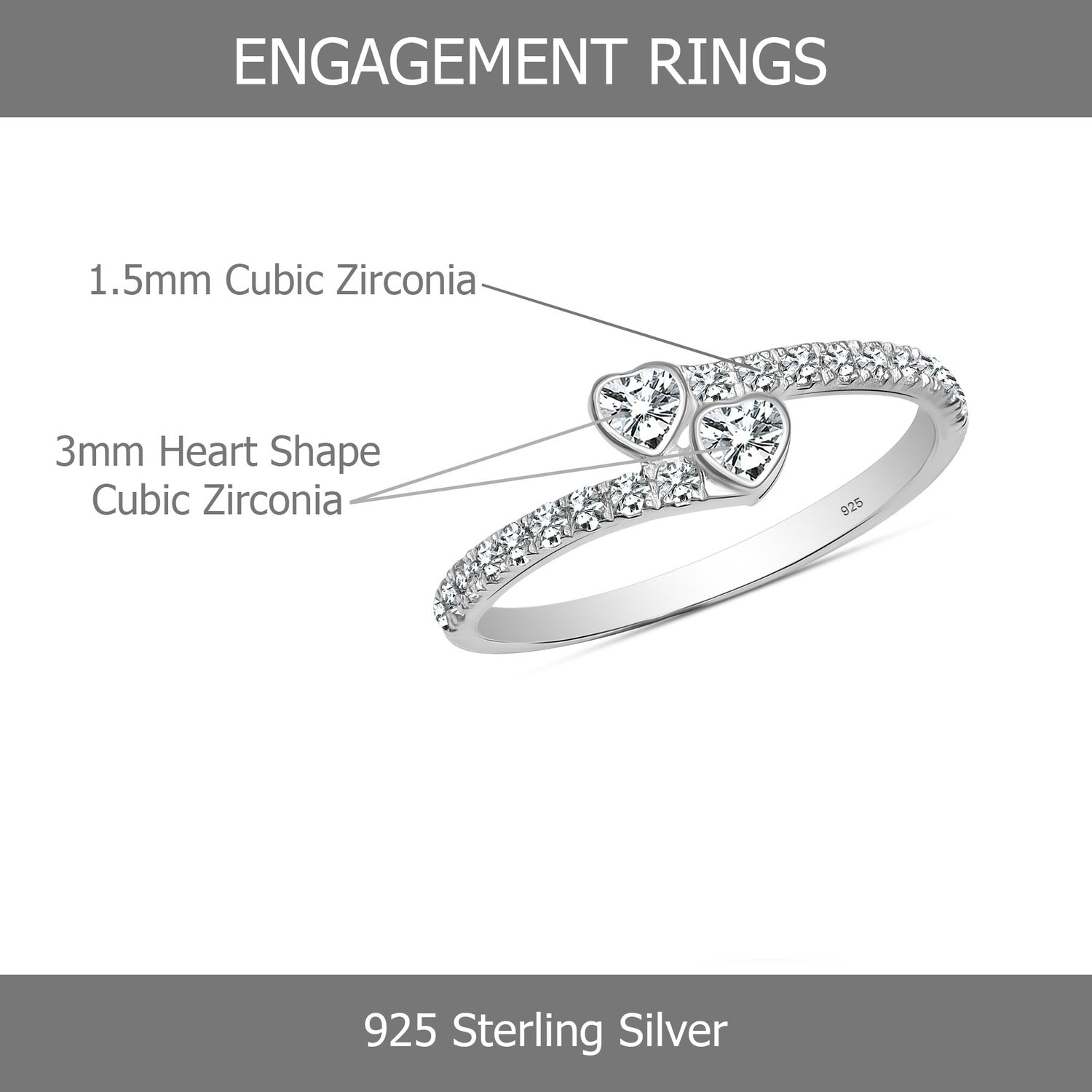 925 Sterling Silver Cubic Zirconia Lightweight Italian Design Two Sparkling Hearts Cute Minimalist Ring for Women